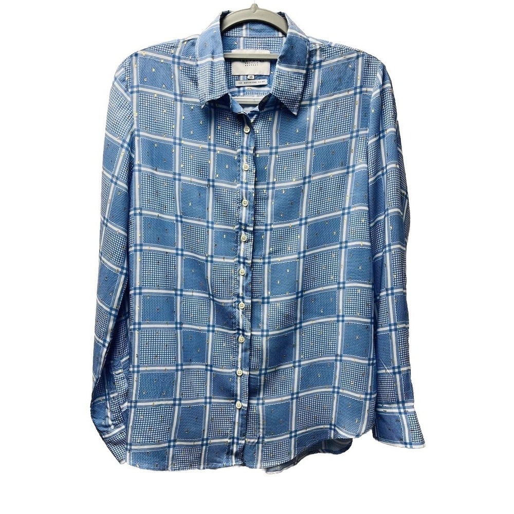 The Shirt Rochelle Behrens XS Blue The Boyfriend Shirt Blouse Preppy Boho Geo